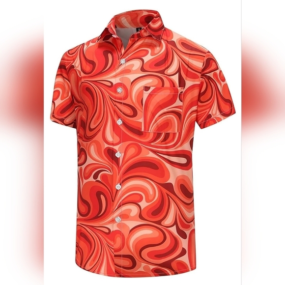 KYKU Men's Button Down Hawaiian Short Sleeve Shirt, One Pocket | Orange & White - Picture 2 of 9